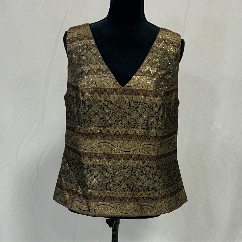 Vtg Scott McClintock‎ women 14w metallic vest demask paisley foil boxy sleeveles